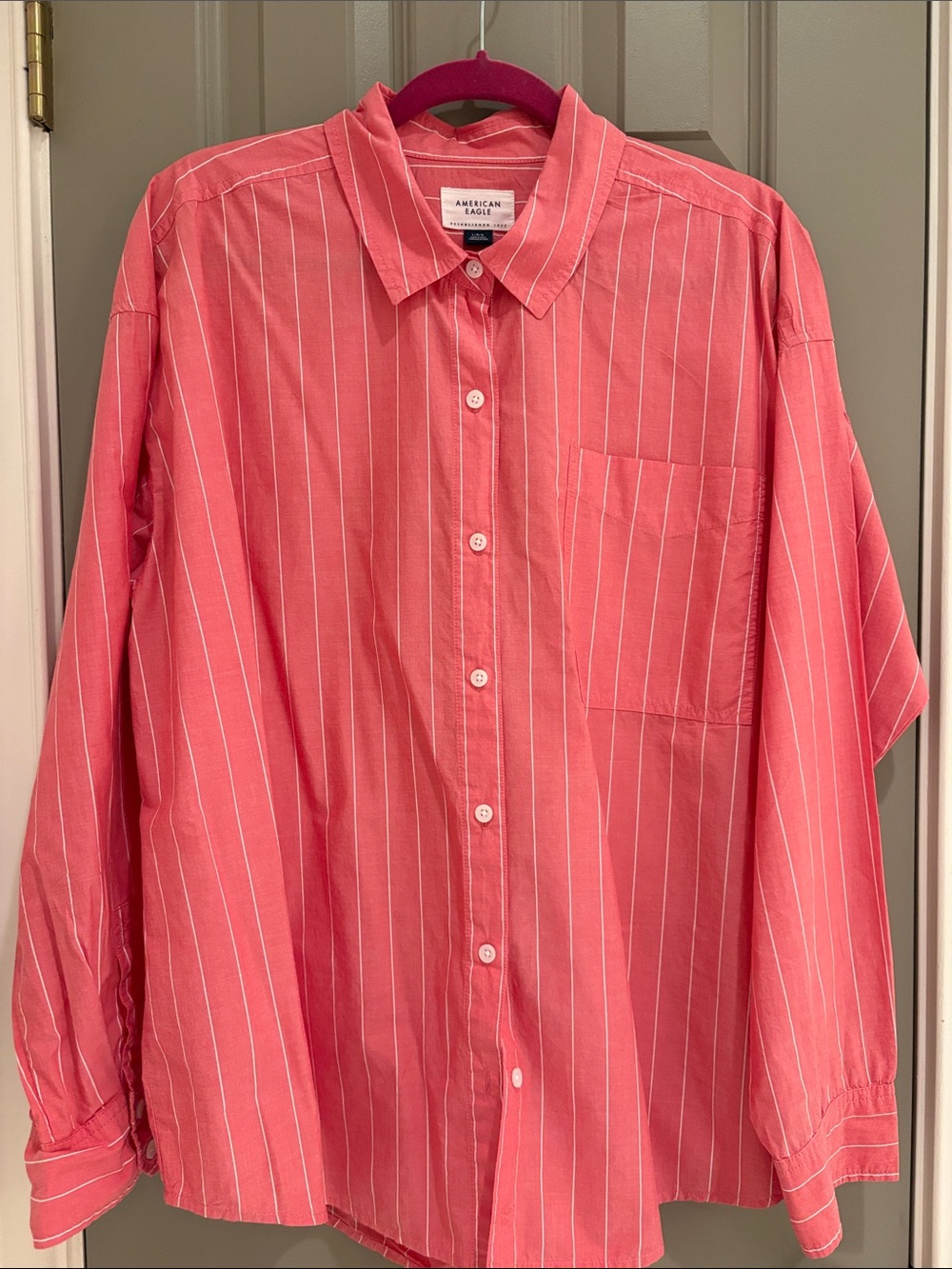 American Eagle Coral-Striped Button Shirt